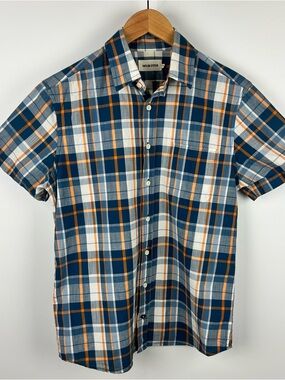 Taylor Stitch Short Sleeve Plaid Button Down Shirt Navy Orange Men’s Size 38 (S)
